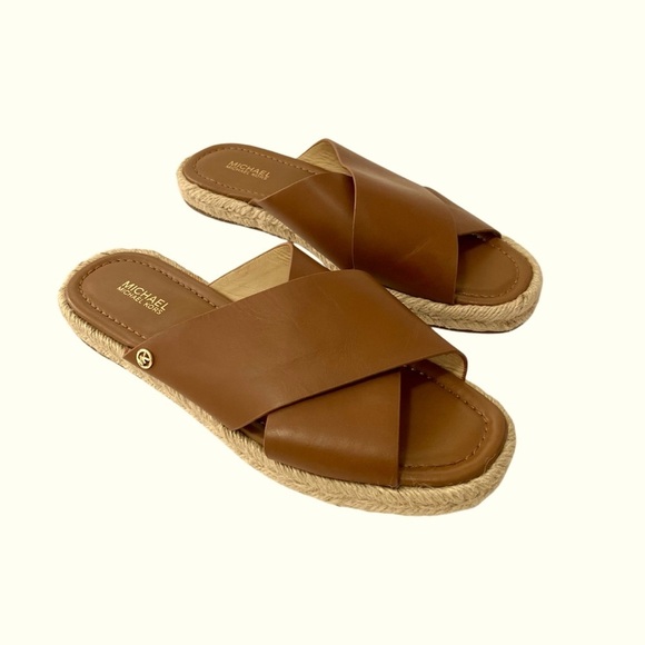 MICHAEL Miichael Kors Linden Brown Slip On Leather Sandals Size 9M Flat Jute - Picture 1 of 12